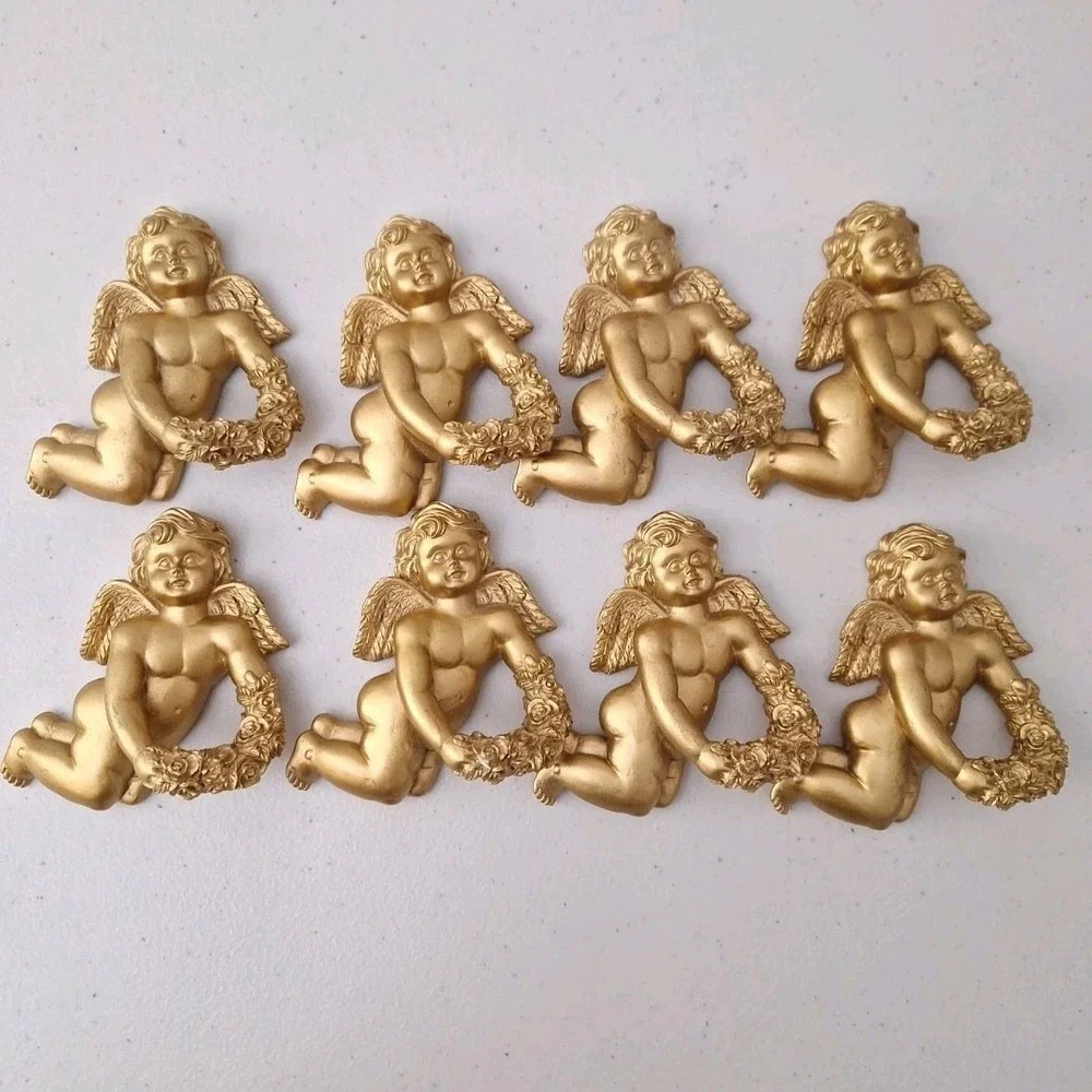 8 Ornate Resin Cherub Angel Napkin Ring Holders Gold Tone Painted Vintage HEAVY